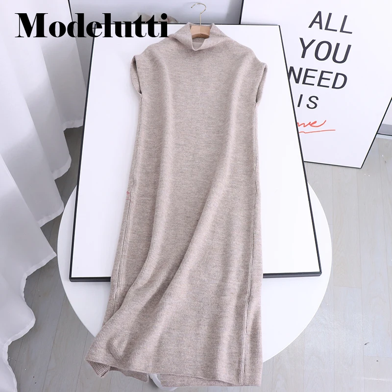 

Modelutti 2023 New Spring Autumn Temperament Short Sleeve Stand-up Collar Knitted Sweater Midi Dress Casual Fashion Simple Women