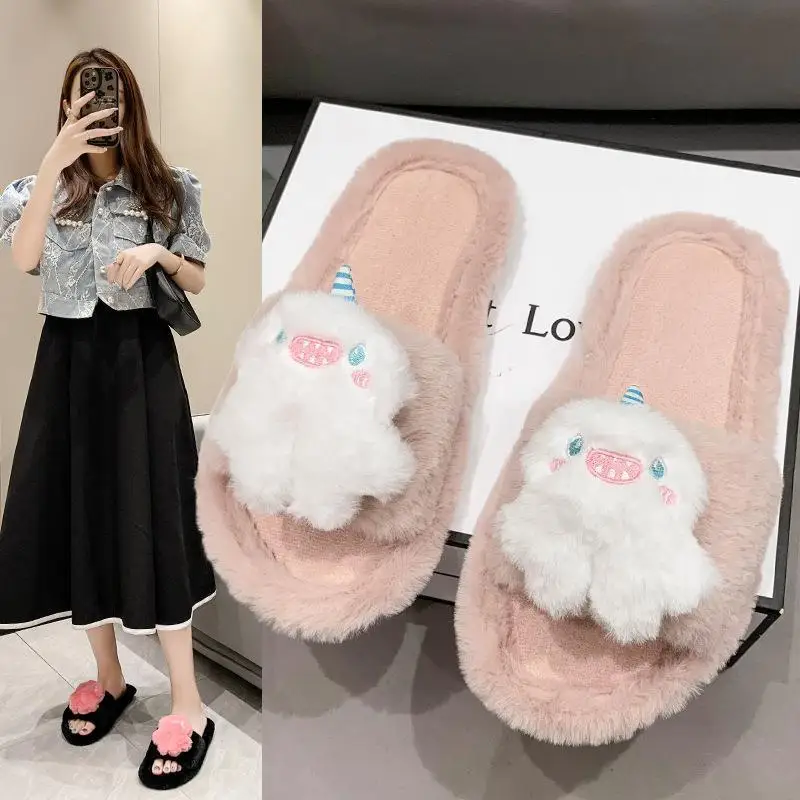 

Flat Shoes Female Flock Rubber Flip Flops Home Slippers Women's Pantofle Raccoon Fur Slides Fashion Hawaiian Massage 2022 Plush