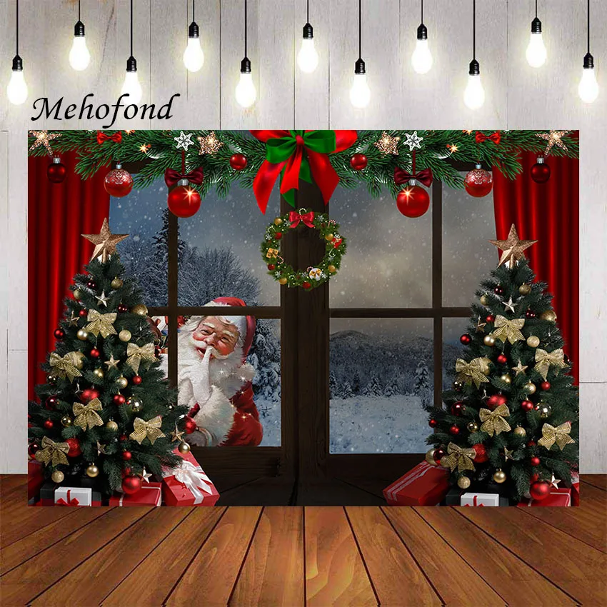 

Mehofond Photography Background Winter Christmas Window Merry Xmas Tree Snow Holiday Party Portrait Decor Backdrop Photo Studio