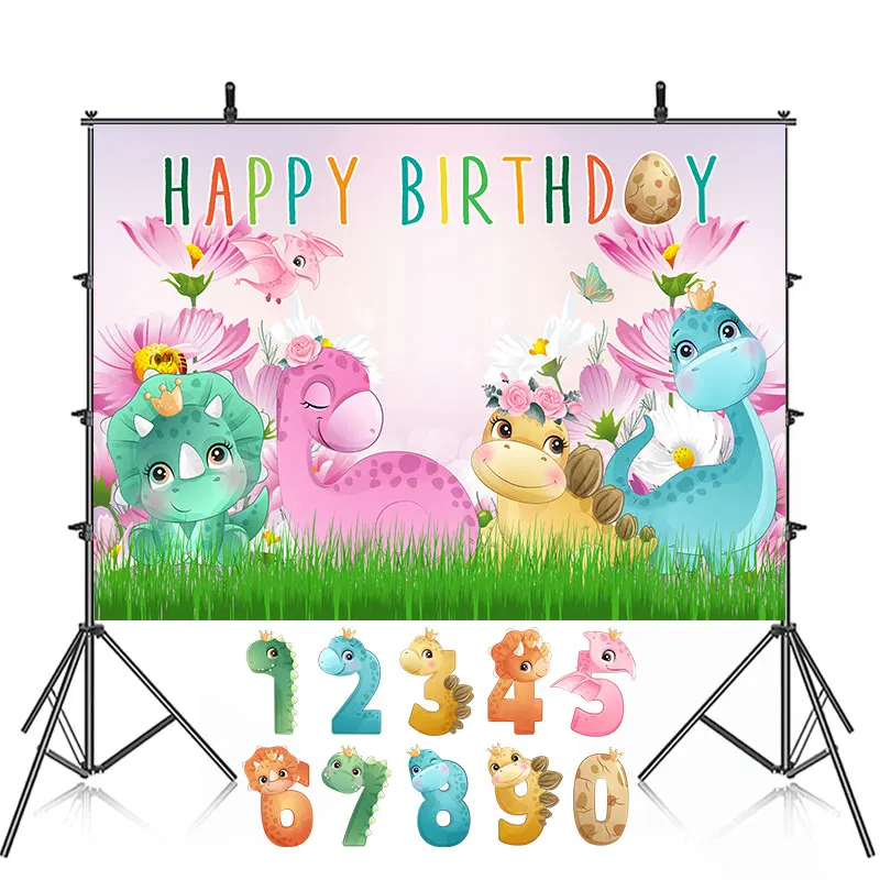 

Cute Dinosaurs Birthday Party Backdrop Photography Baby Shower For Kids Pink Dinosaur Flowers Background Banner Custom Name Pic