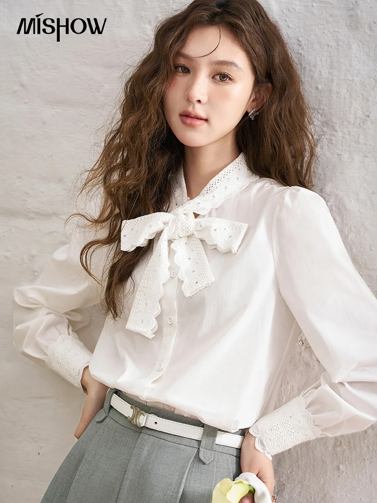 MISHOW Белая рубашка с кружевным бантом 2024 весенняя однобортная внутренняя милым