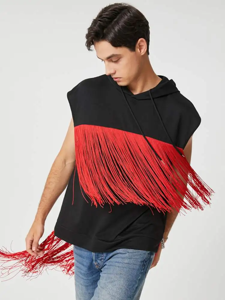 

INCERUN Men Tank Tops Hooded Sleeveless Tassel Patchwork Personality Casual Vests 2022 Summer Fashion Streetwear Men Clothing
