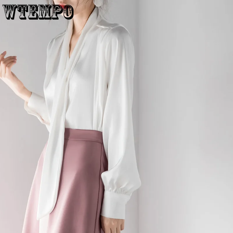 

Блузка WTEMPO Женская атласная с V-образным вырезом, элегантная однобортная Свободная рубашка с длинным рукавом, с лентами, в винтажном стиле, весна-осень