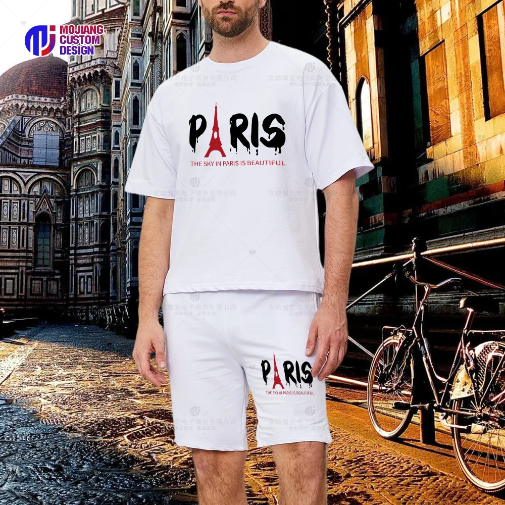 

Eiffel Tower and Slogan Graphic Print Men's T-Shirts Graphic Summer Cotton Shorts High-end Graphic Hip Hop Tops Shirt Sets