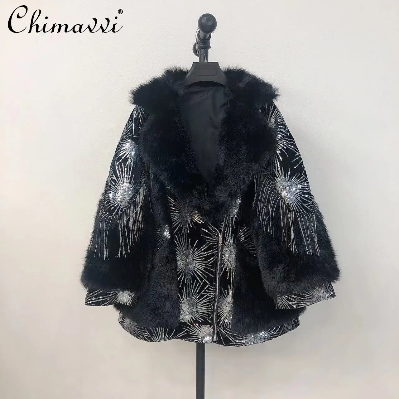 Women 2021 Winter Fashion Elegant Warm Imitation Toka Mid-Length Coat Ladies Patchwork Streetwear Sequins High Street Fur Jacket