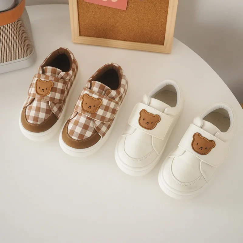 

2022 Children Shoes Korean Children's Skate Shoes Brown Bear Children's Spring Cloth Shoes Boys and Girls Cute Plaid White Shoes