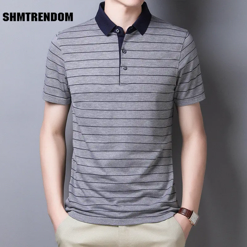 

Мужская полосатая рубашка-поло SHMTRENDOM, хлопковые мужские рубашки с коротким рукавом, Высококачественная летняя офисная одежда, повседневна...