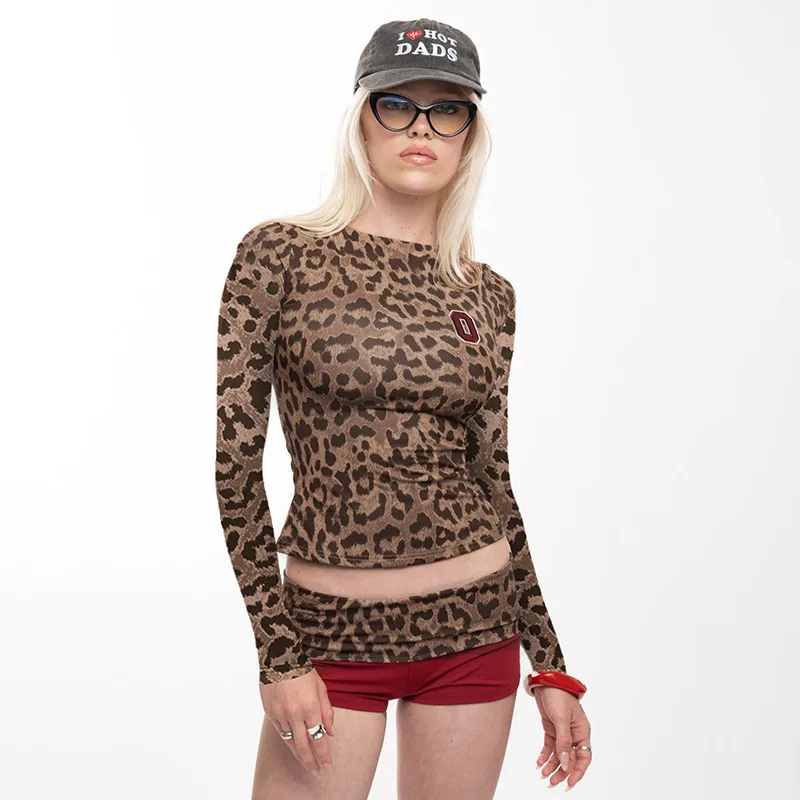 Леопардовый принт контрастный цвет пуловер с круглым вырезом и длинными