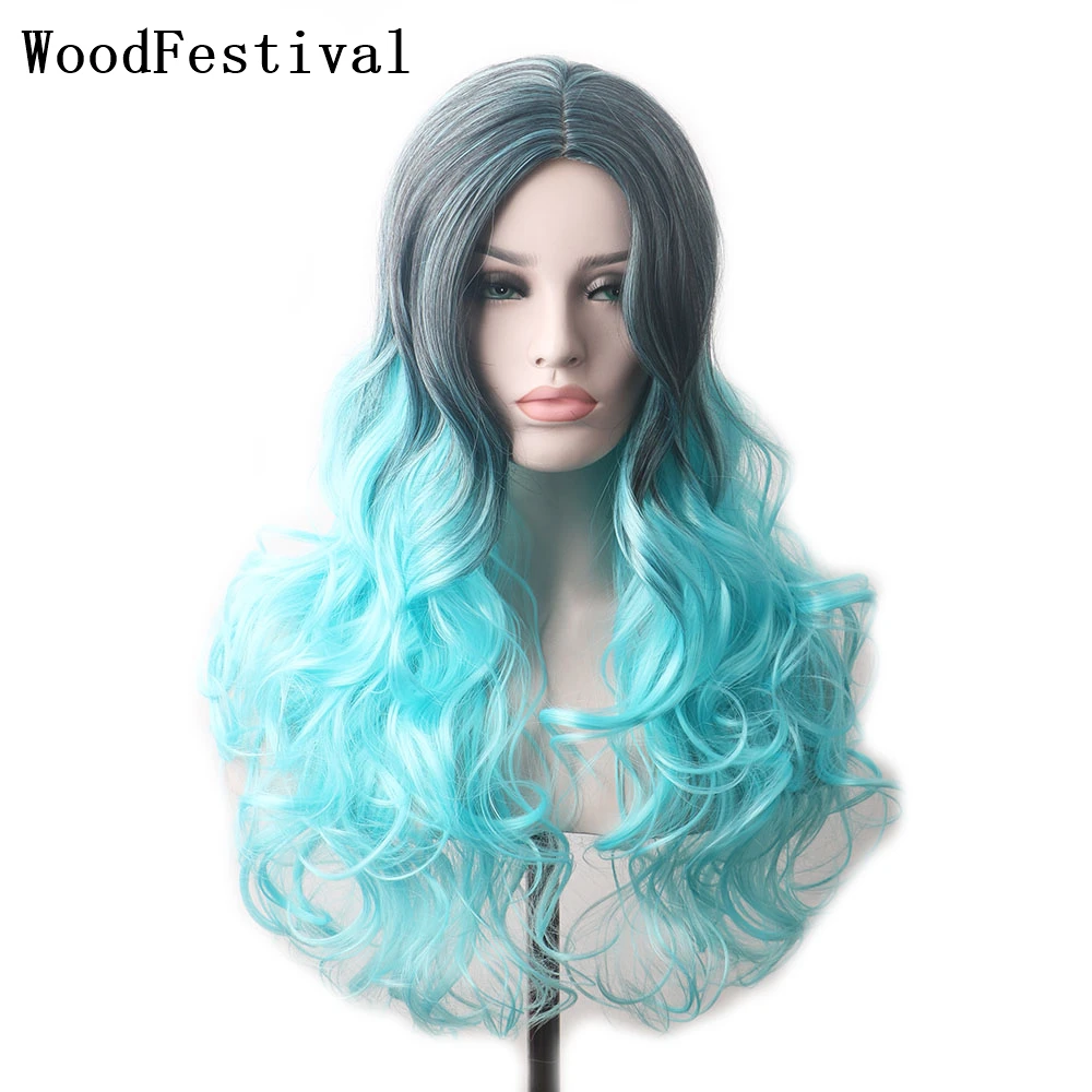 WoodFestival Synthetic Hair Wig Cosplay Wigs For Women Green Long Purple Ombre Pink Red Blue Brown Blonde Black Rainbow Gray
