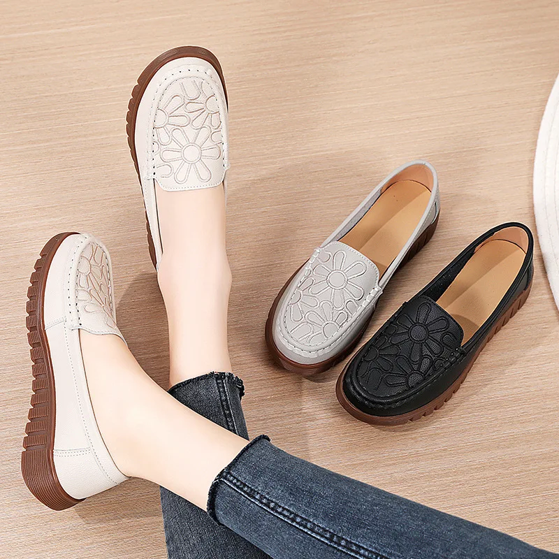 

New Spring Casual Women Shoes Platform Loafers 2023 Lace Up Leather Flats Slip-On Mom Shoe Mujer Zapatos Chaussure Femme