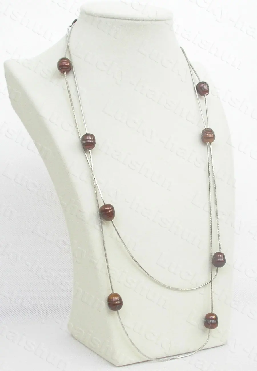 

JQHS Long 120cm 12mm Baroque 925 Silver Chain Rice Coffee Pearls Necklace C860