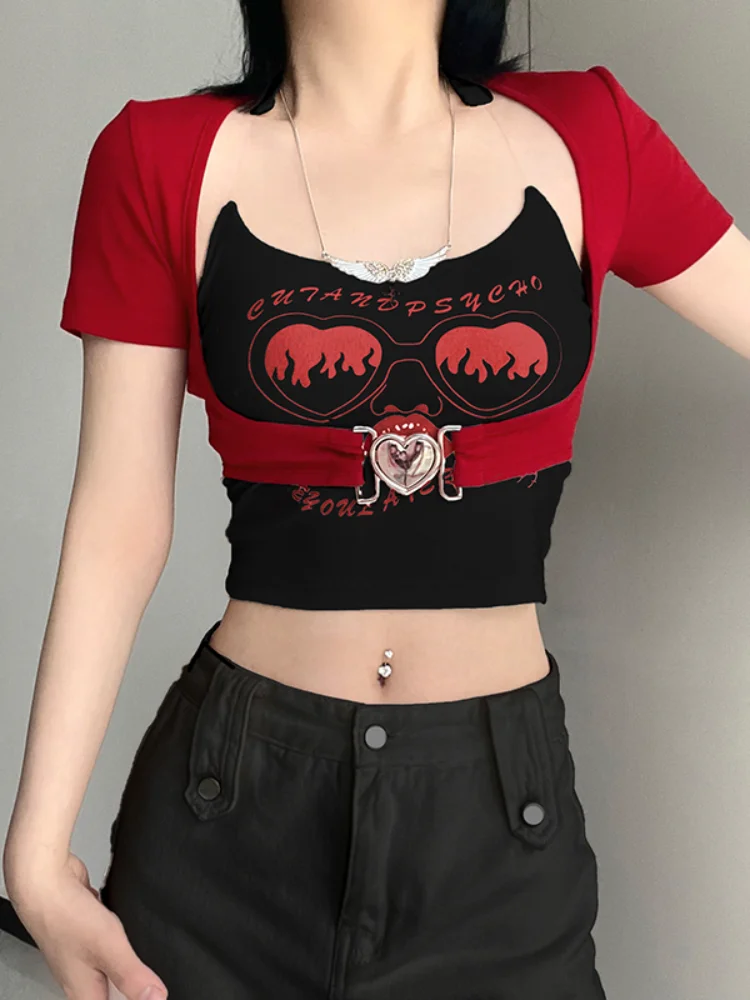 

ADAgirl Vintage Red Print T Shirt Hotsweet 2 Piece Sets Short Sleeve Female Tees Harajuku Streetwear Y2k Aesthetic Corp Tops New