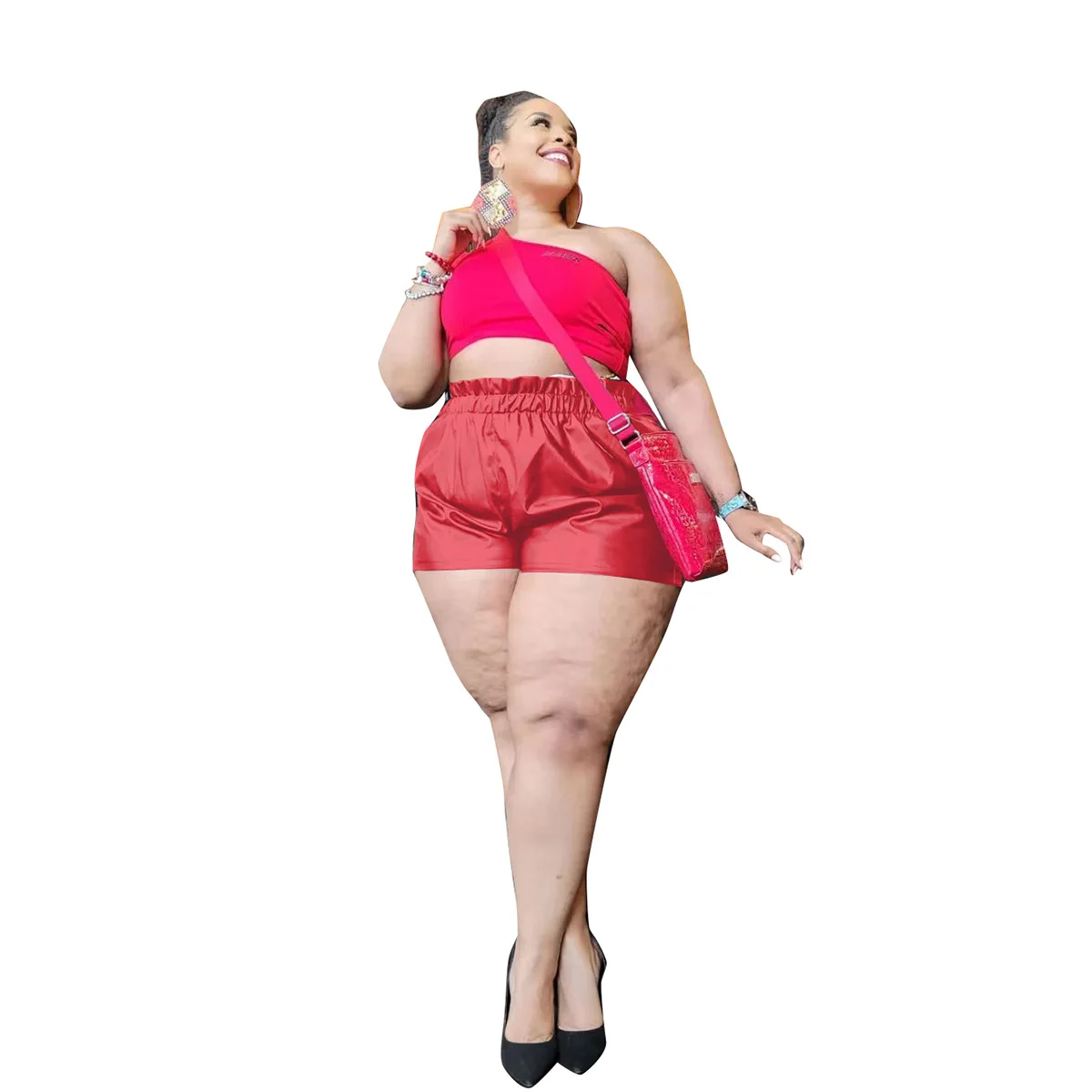 Plus Size Streetwear Pu Leather Biker Shorts Pants Summer Clothing For Women Outfit Fashion High Waist Loose Soild Short Trouser