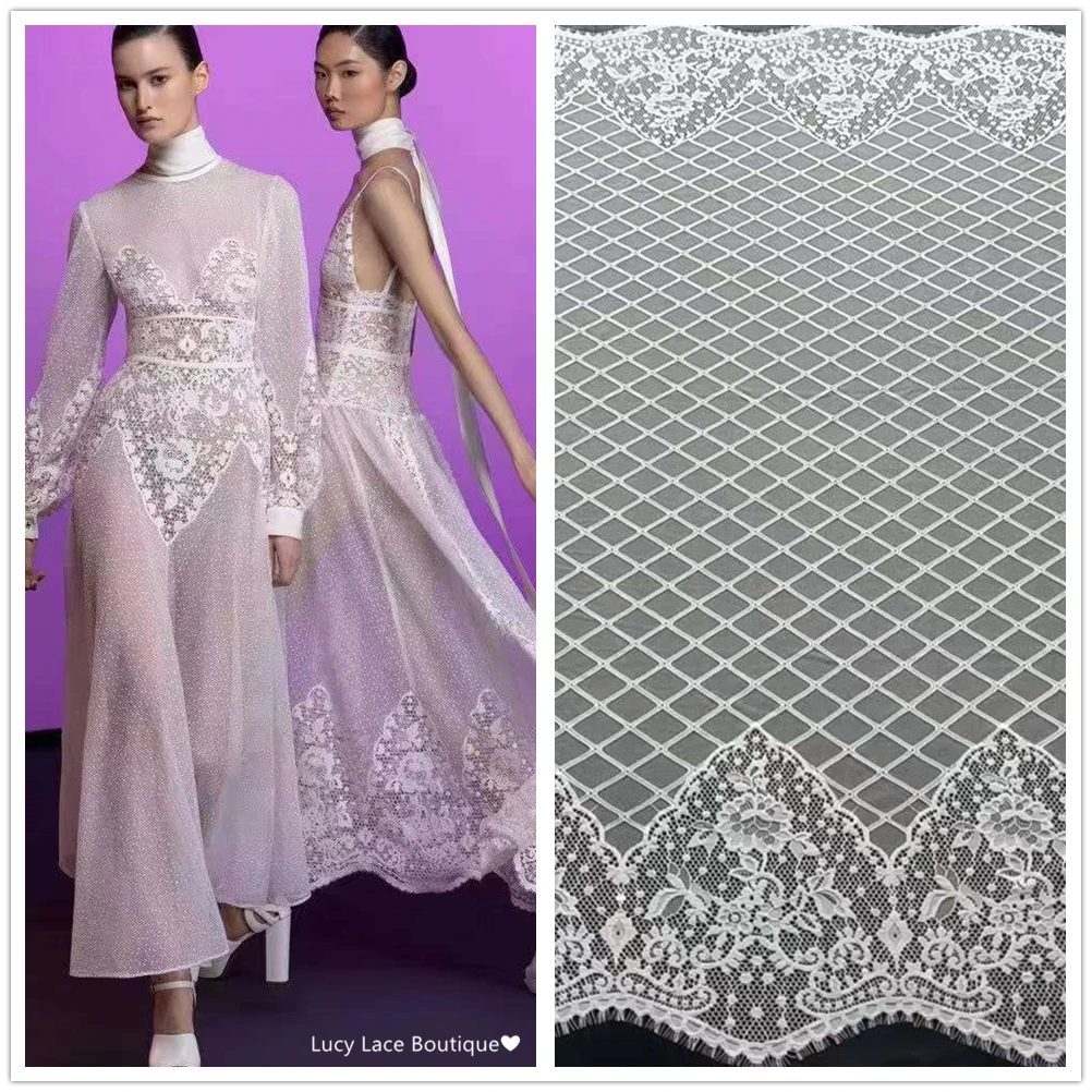 

150CM Wide Creative Plaid Lace Fabric Dress Skirt Material Wedding Veil Lace Eyelash French Lace Off White Black 2023 3M Long