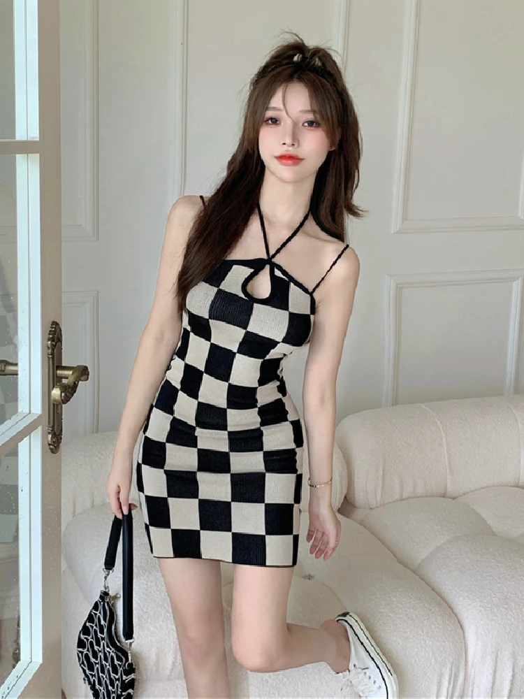 Summer Dress Women Sexy Plaid Bodycon Evening Dresses Girls T Shirt Women Sleeveless Vest Crop Tops Skinny Slim Kinitted Y2K