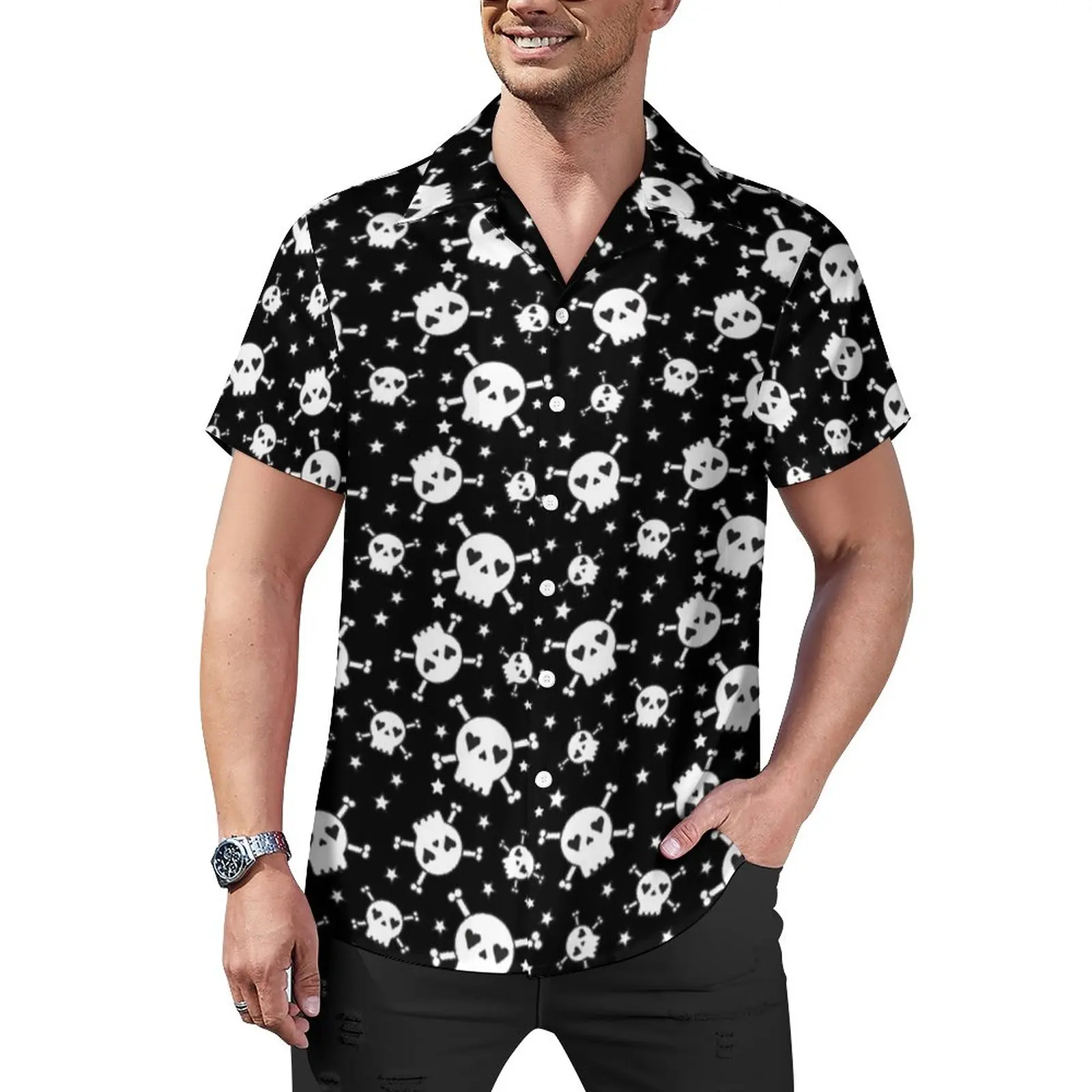 

Cute Skull Print Casual Shirt Crossbones Vacation Loose Shirt Hawaiian Novelty Blouses Short-Sleeve Design Oversized Clothing