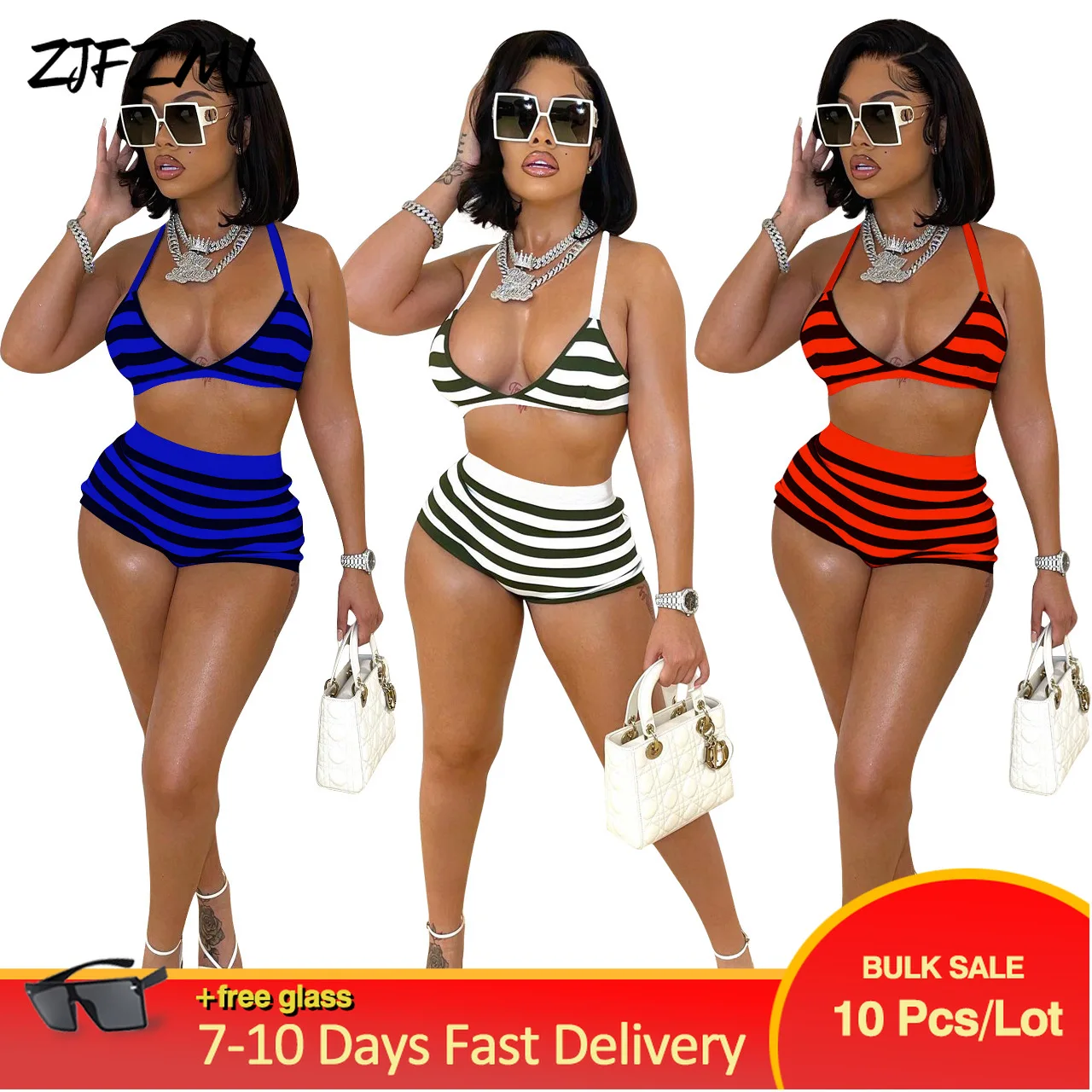 

Bulk Items Wholesale Lots Two Piece Set Women 2022 Summer Clothes Shorts and Striped Print Bikini Crop Top Sexy Vacation Outfits