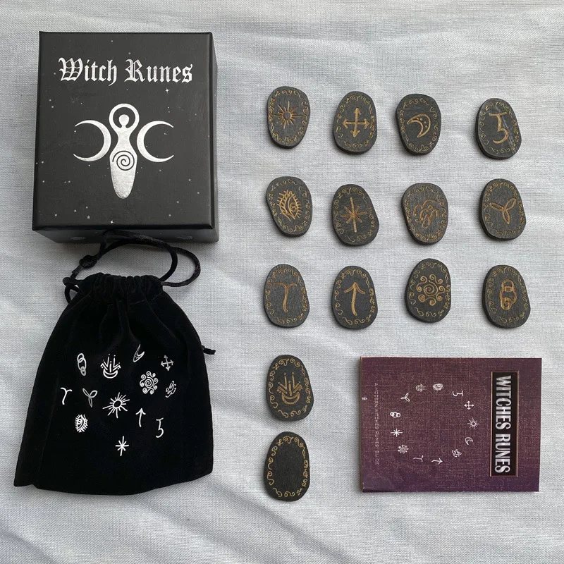 

16Pcs/set Wooden Witch Runes Stone Set Engraved Symbol For Meditation Divination Rune Stones Set With Storage Bag Tablecloth