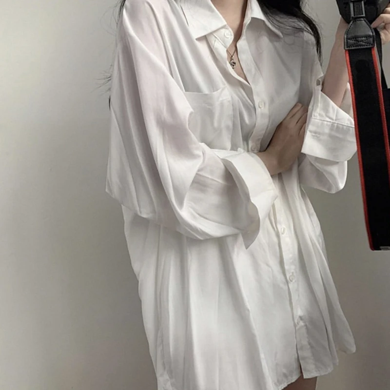 

Свободные белые рубашки Rimocy для женщин, топы 2022, Однотонная рубашка с отложным воротником, женская тонкая однобортная офисная блузка для дам