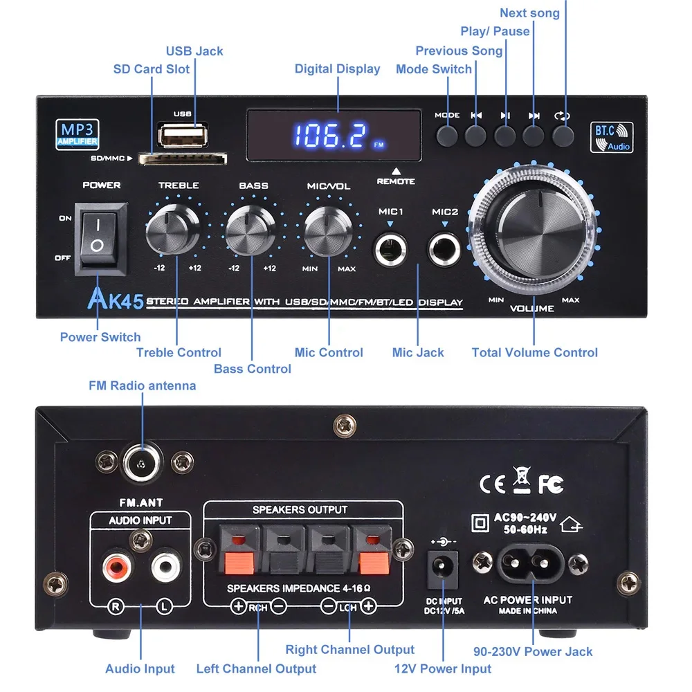 Фото AK45 HiFi цифровой усилитель Bluetooth MP3 канал 2.0 звуковой усилитель с поддержкой 90 В-240 В для домашнего автомобиля (MAX 300 Вт * 2) USB SD микрофонный вход №2