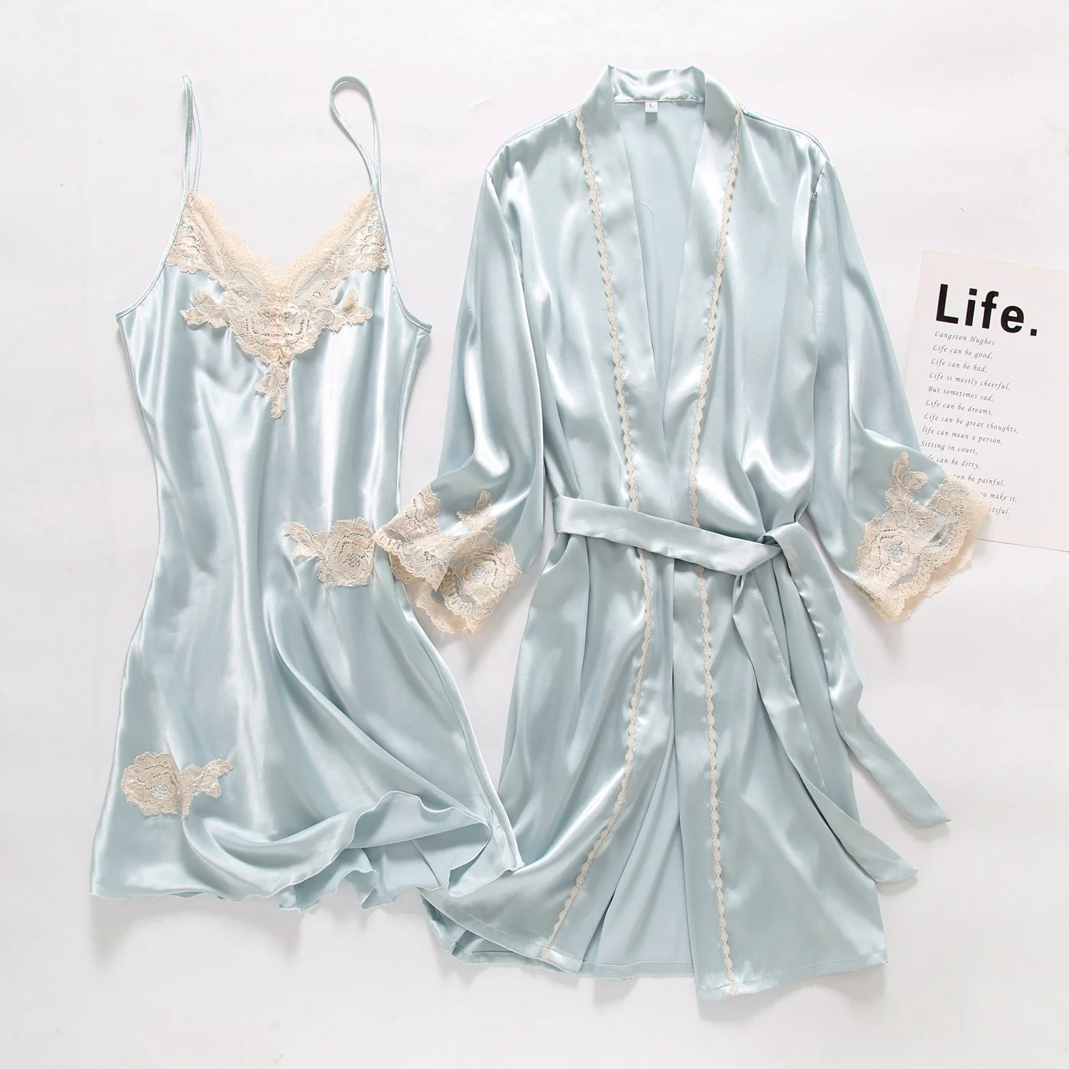 

2022 Summer New Ice Silk Pajamas Women's Long Sleeved Bridal Morning Gown Thin Sexy Lace Suspender Nightdress Two Piece Set XXL