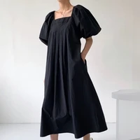 long dress kleid summer vestido midi elegante khaki vintage fold simplicity square collar half puff sleeve loose robe elegant