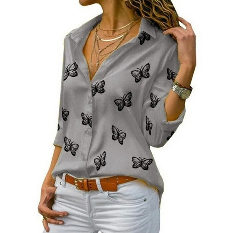 

Women's Butterfly Print Blouse Shirt Spring Summer Casual Long Sleeve V Neck Ladies Buttons Tops Loose Blouses