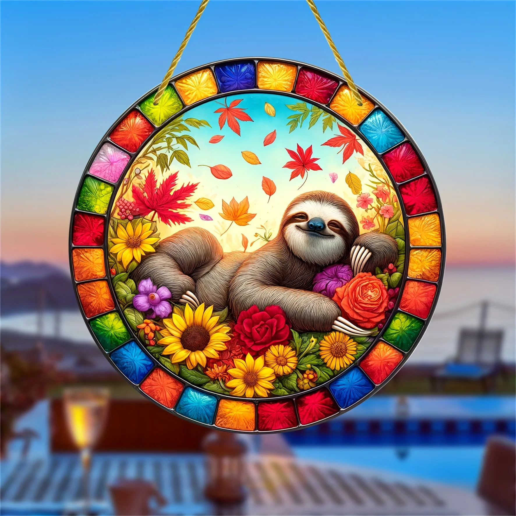 leniwiec w stylu Art Deco z akrylowym ловецем słońca jesiennymi kwiatami - wiszący na ścianie dekoracyjny znak i pionek motyw zwierzęcy