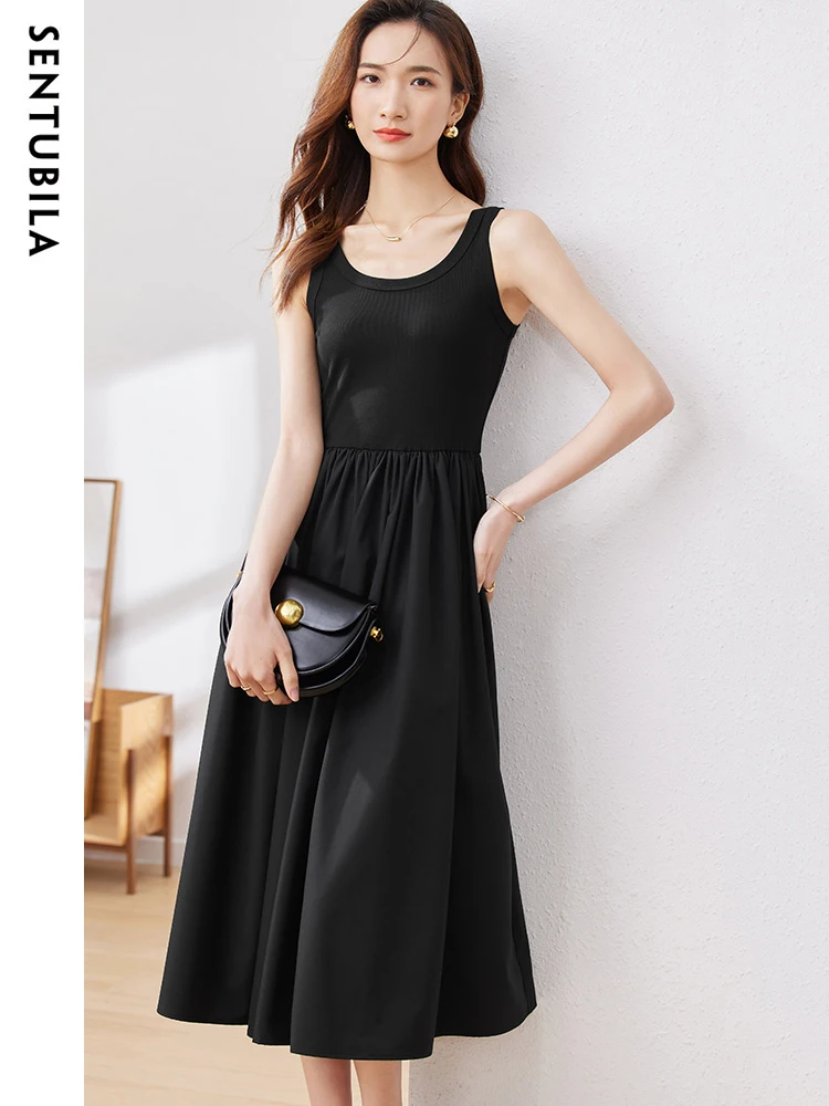 

Sentubila Summer Black Midi Dress for Women 2023 Elegant Simple Pocket Sundress Patchwork Knitted Tank Sleeveless A-Line Dresses