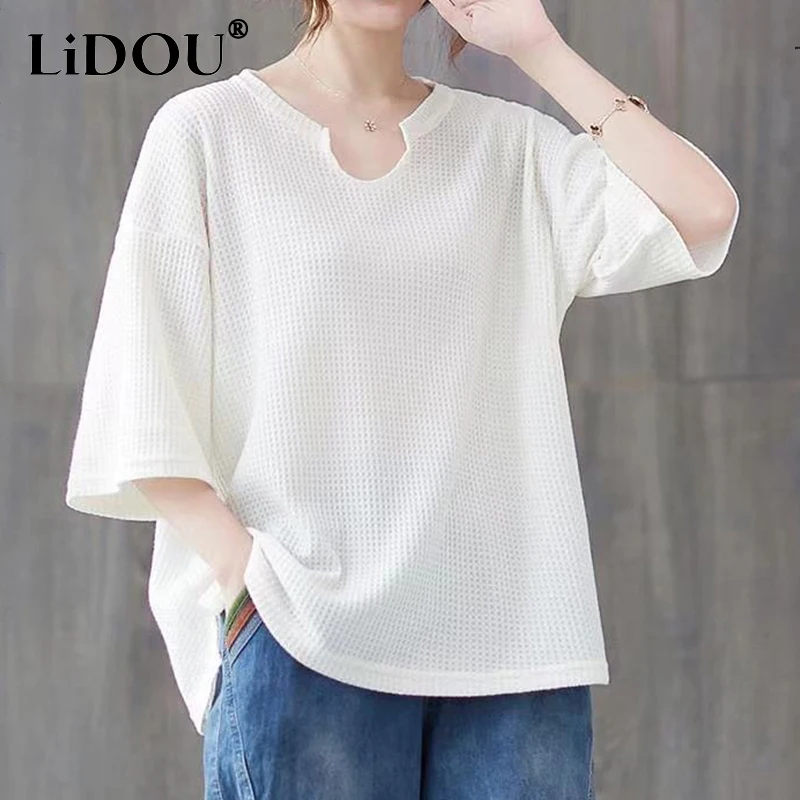 

Summer New Solid Ethnic Style Vintage Oversized Loose Casual Simple Knitted Pullover Tee Top Women Half Sleeve All-match T-shirt