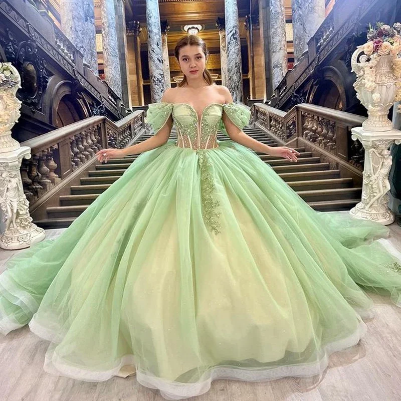 

Sexy Ball Gown Vintage Green Sweetheart Quinceanera Dress Off Shoulder Beading Floral Appliqué Vestidos De 15 Anos