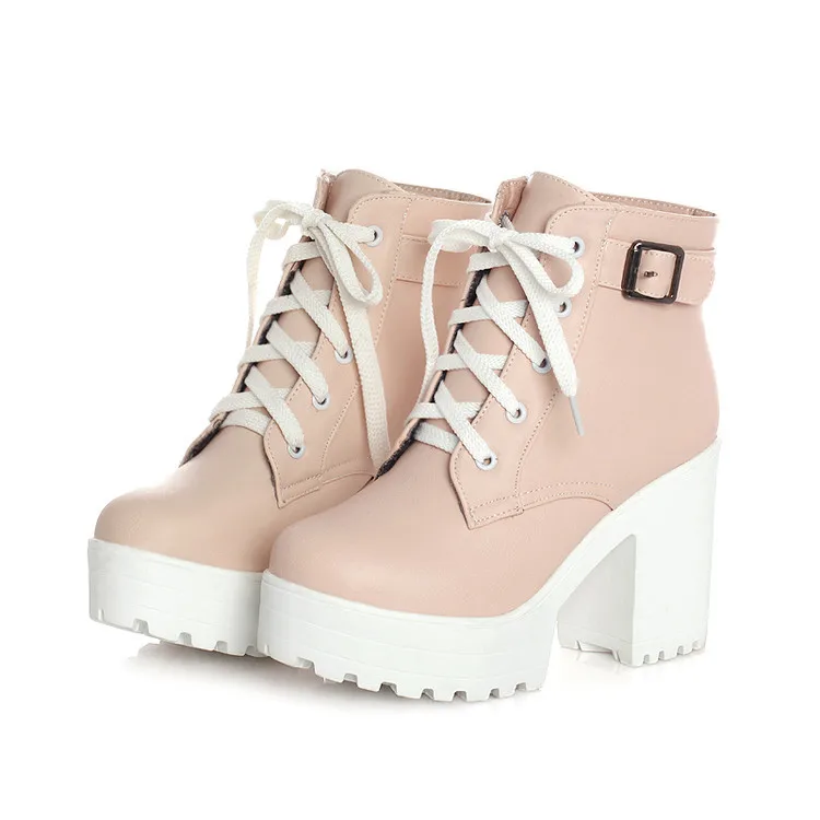 

2022 New Autumn Martin Boots Boots Women Round Toe Buckle Shoes Women High Heel Fashion Plus Size Square Heels Lacing 3 Colors