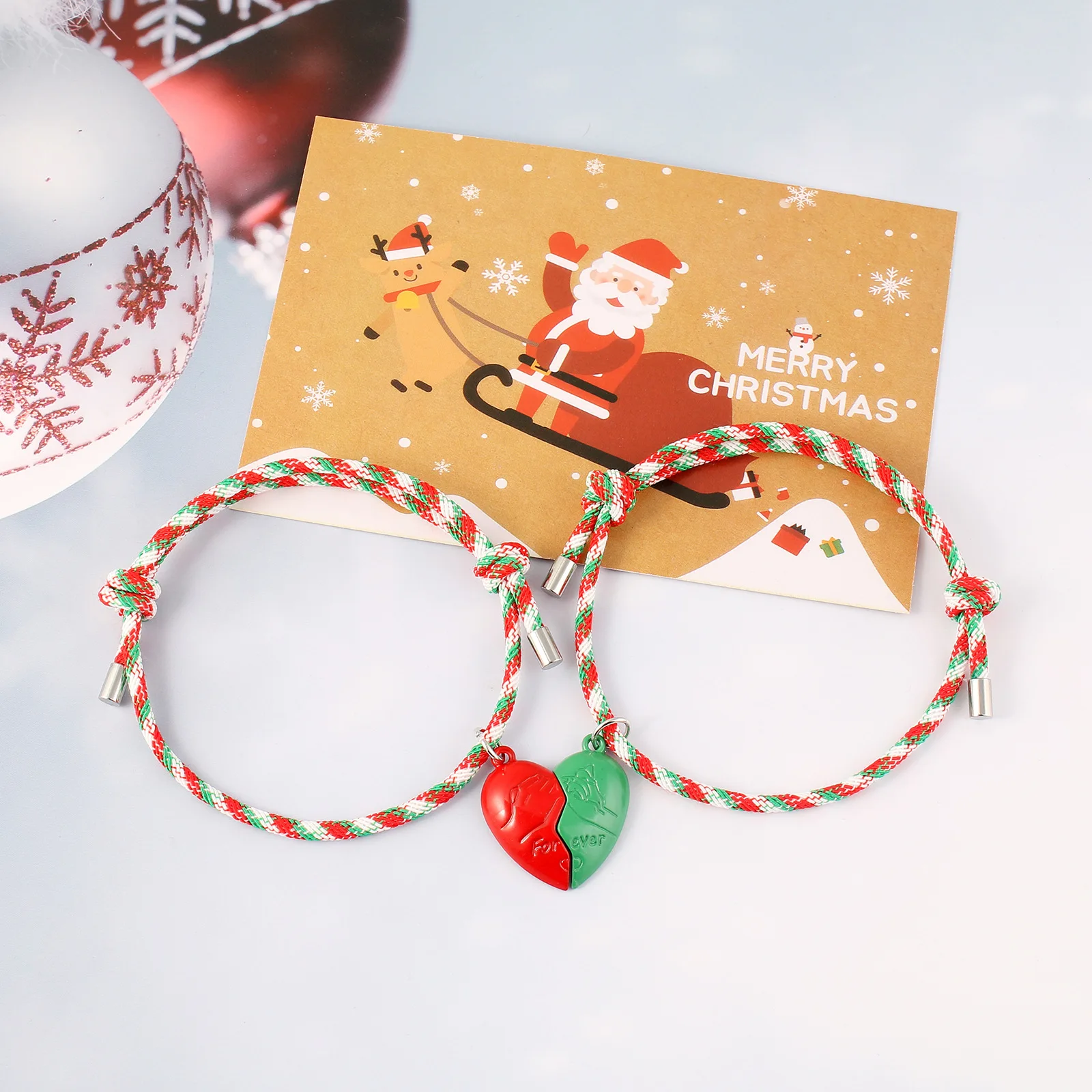 

Fashion Christmas Magnetic Heart Couple Bracelet for Women Men Xmas Jewelry Handmade Woven Rope Friendship Wish Card Party Gift