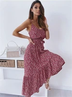 casual ditsy floral v neck spaghetti strap ruffle a line ankle length slip summer dress woman 2022 on sale