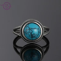 vintage silver rings with 10mm round natural turquoise womens wedding party anniversary fine jewelry ring wholesale