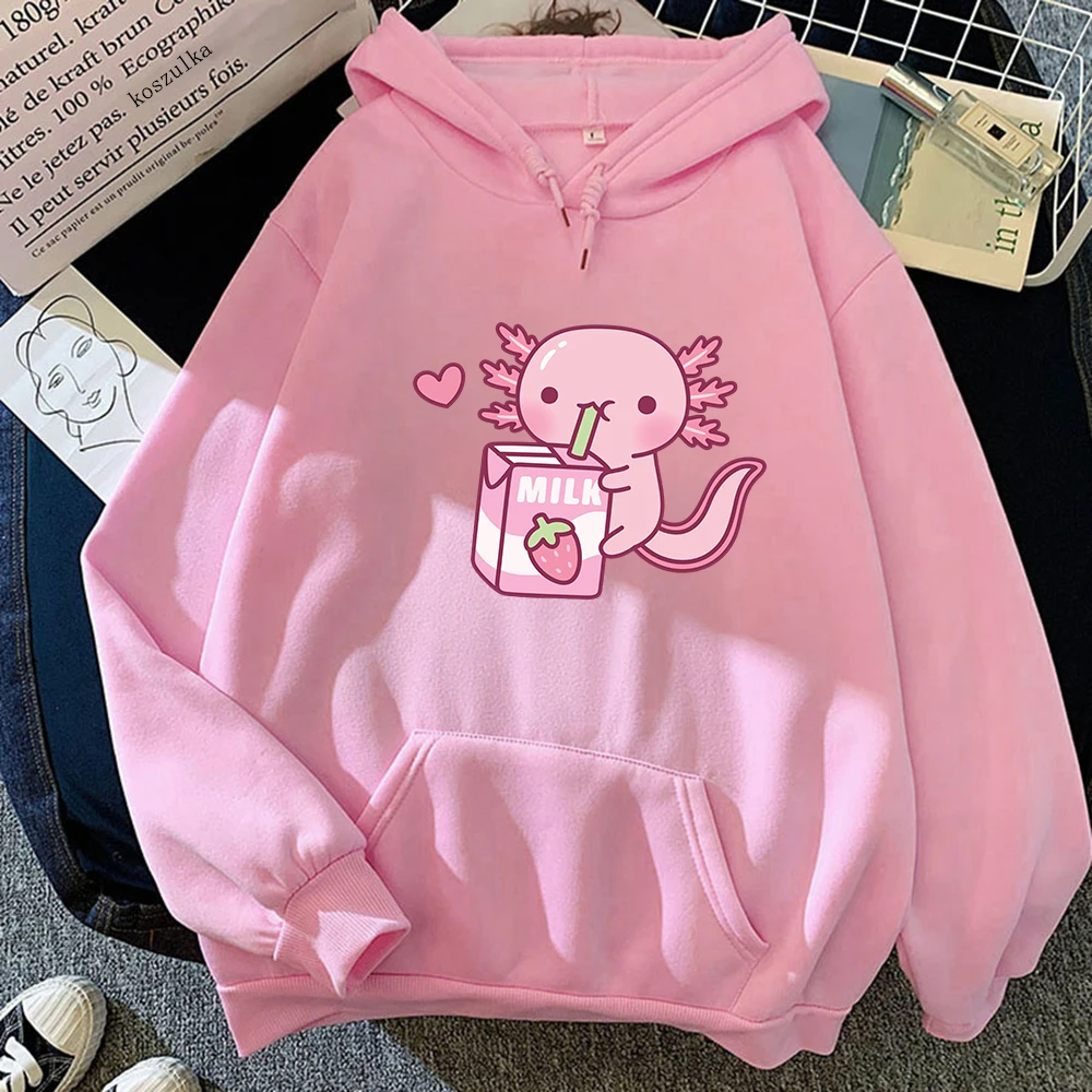 

Anime Axolotl Love Strawberry Milk Doodle Hoodie Kawaii Hoodie Musim Dingin Wanita Musim Semi/Musim Gugur Kaus Uniseks Harajuku