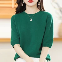 womens shirts 2022 summer new wool crew neck sweaters short sleeves casual solid color tops plus size pullover t shirts worsted