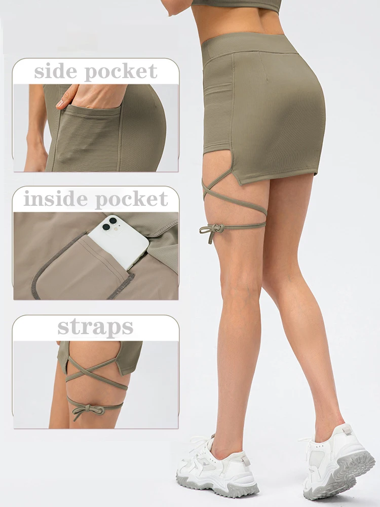 

LJLGLY Sports Shorts Women Half Skirts With Pocket Tight Tennis Sports Skirt Straps Design Bandage Casual Golf Bag Hip Skirt