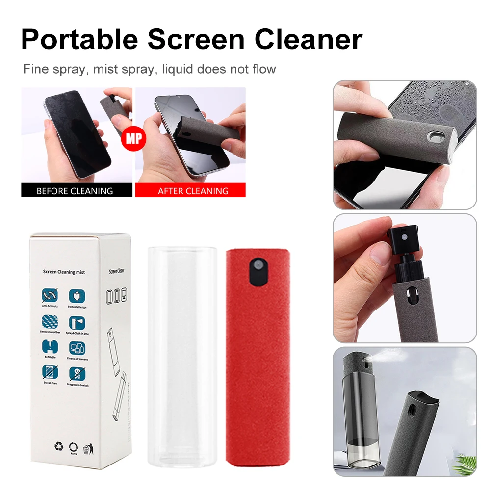 2 in 1 Phone Screen Cleaner Spray Portable Reusable Touchscreen Mist Cleaner with Microfiber Cloth for Phones Laptops TV Screens