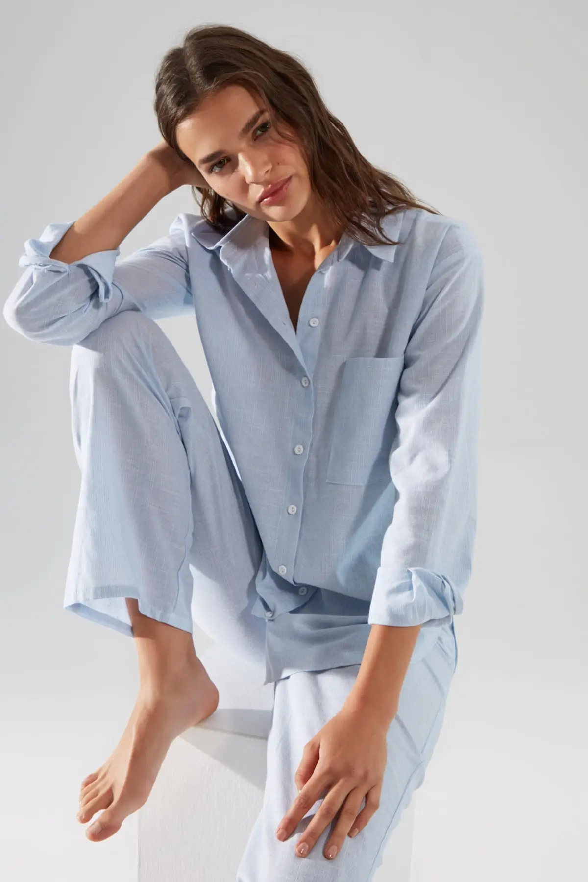 

Blue Stripe Woven 100% Cotton Long-Sleeve Nightgown Casual Sleepwear Set