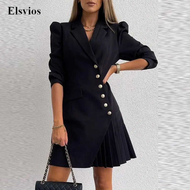 

Женское платье-блейзер с отложным воротником, однотонное модное платье-мини с необычными пуговицами, элегантное праздничное платье с длинн...