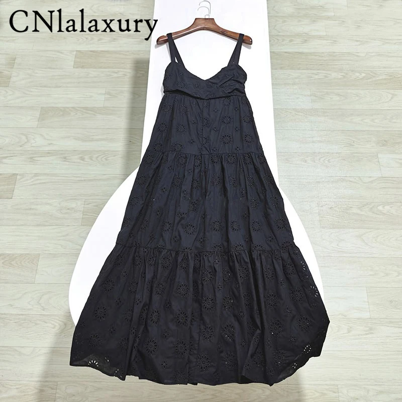 

Новинка 2022, летнее модное платье CNlalaxury с ажурной вышивкой на бретелях, женское элегантное однотонное простое платье, женское платье