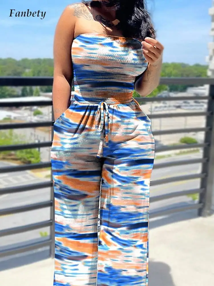 

Vintage Print Slim Drawstring Strapless Jumpsuits Women Summer Casual Wide Leg Pants Romper Overalls Female Sleeveless Jumpsuits