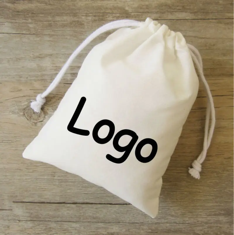 Personalized Print Logo Linen Cotton Drawstring Gift Bags Jewelry Packaging Pouches White Wedding Party Favor Candy Bags Custom