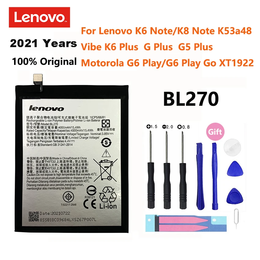

100% Оригинальный аккумулятор BL270 4000 мАч для Lenovo K6 K8 Note K53a48 Vibe K6 G G5 Plus для Motorola Moto G6 Play xt3528 батареи