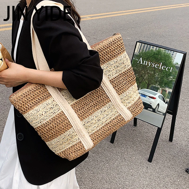 

JIN YIDE Stripe Designer Straw Shoulder Bag Summer Travel Handmade Woven Large Capacity Handbag Casual Beach Bag Shopper Totes