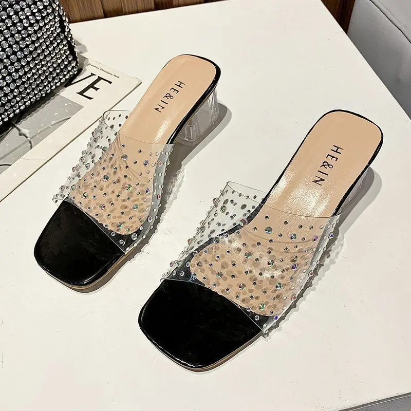 

35-45 Yards Plus Size Women's Shoes New Fashion Elegant Open Toe Slippers Crystal with Drill Thick and Comfortable High Heels