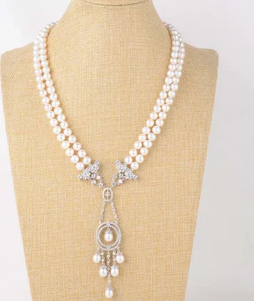 

23" 2 Strands 7-8MM White Pearl Necklace CZ Pendant