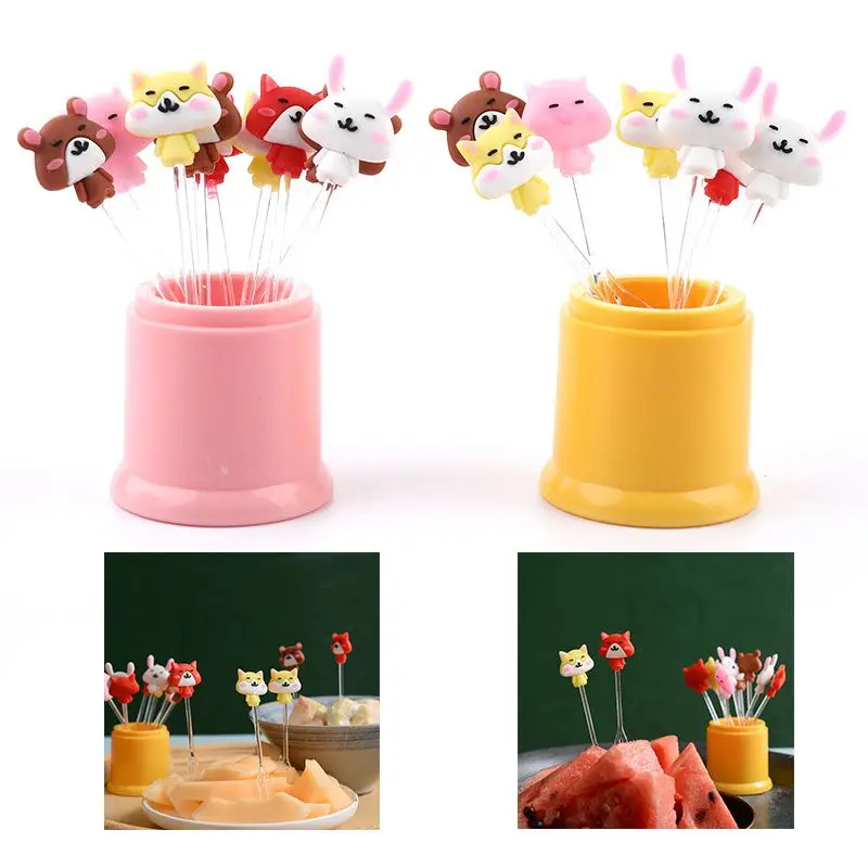 

Мини-вилка для фруктов с мультяшными животными, пластиковые вилки для фруктов с держателем, вилка для фруктов и салатов, пищевые обеды, праз...