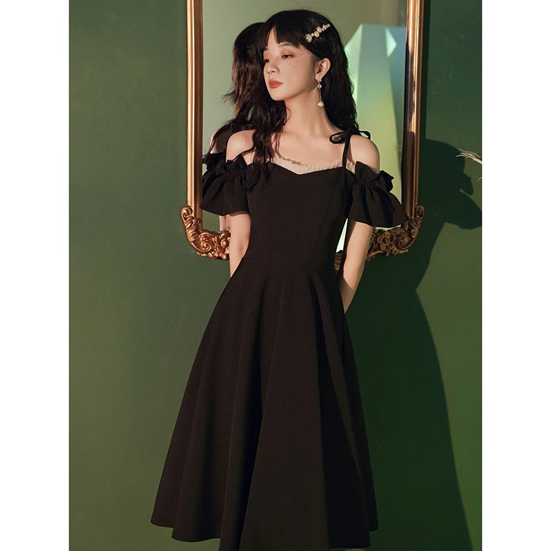 

Женское винтажное офисное платье, элегантное черное платье с коротким рукавом, милый Повседневный трапециевидный силуэт y2k, новые модные ле...